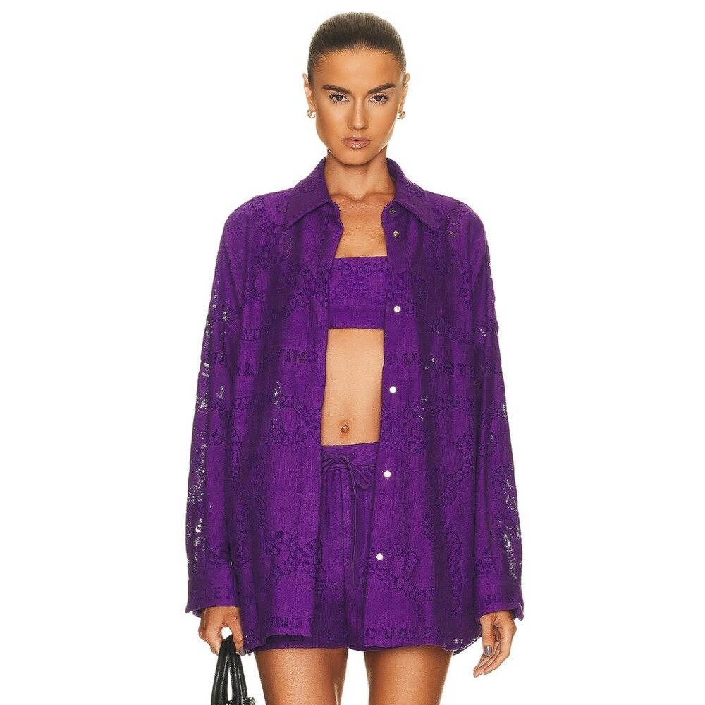 VALENTINO - Cotton Guipure Purple Lace Oversize Shirt Top size IT 48/ US 12-14